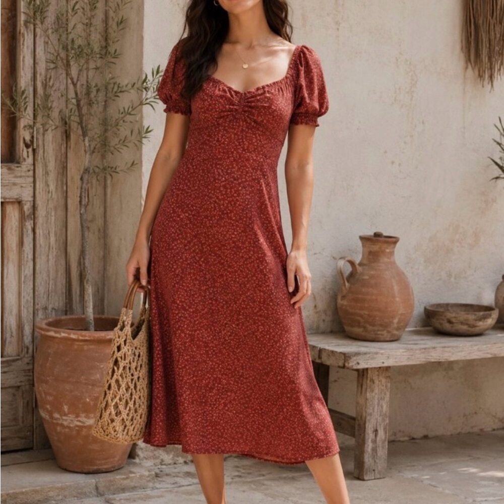 Madewell Rust Floral Puff Sleeve Midi Dress 100% Viscose
